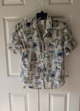 Tapestry Safari Animal Print Button Up Shirt Shoulder Pads Size S
